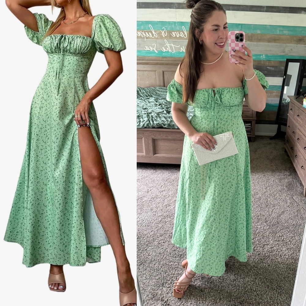 Kutumai New Green Puff Sleeve Floral Peasant Dress (M)